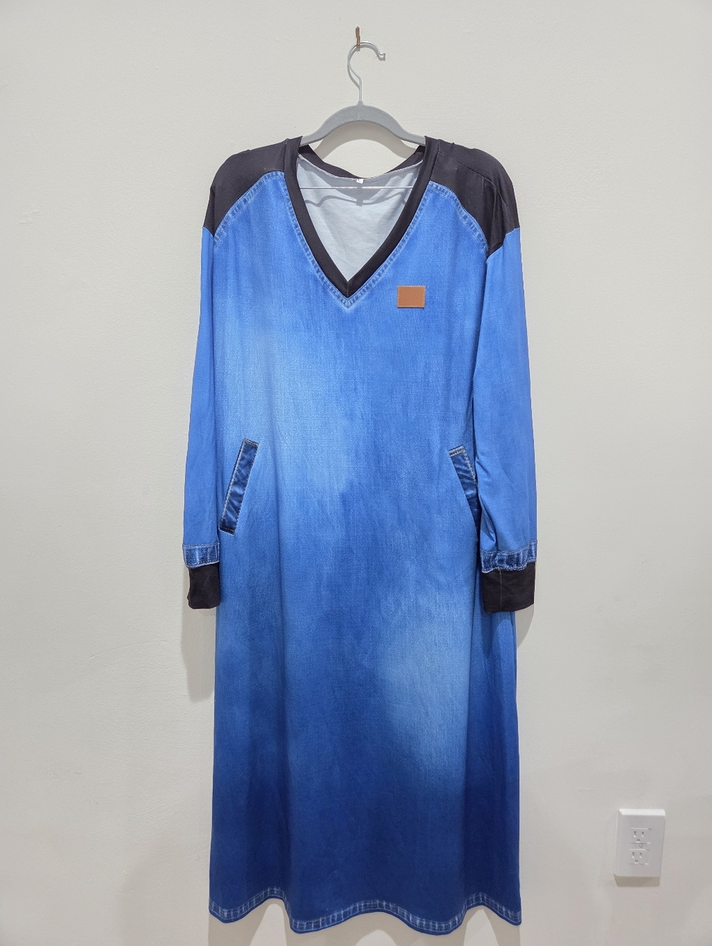 Blue Black Patch Denim Long Sleeve V-Neck Maxi Dress Pockets Size L